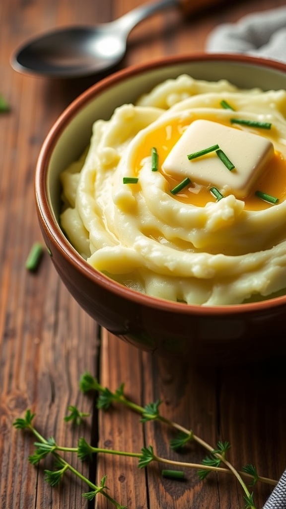 A bowl of creamy mashed potatoes topped with butter and chives on a rustic wooden table.